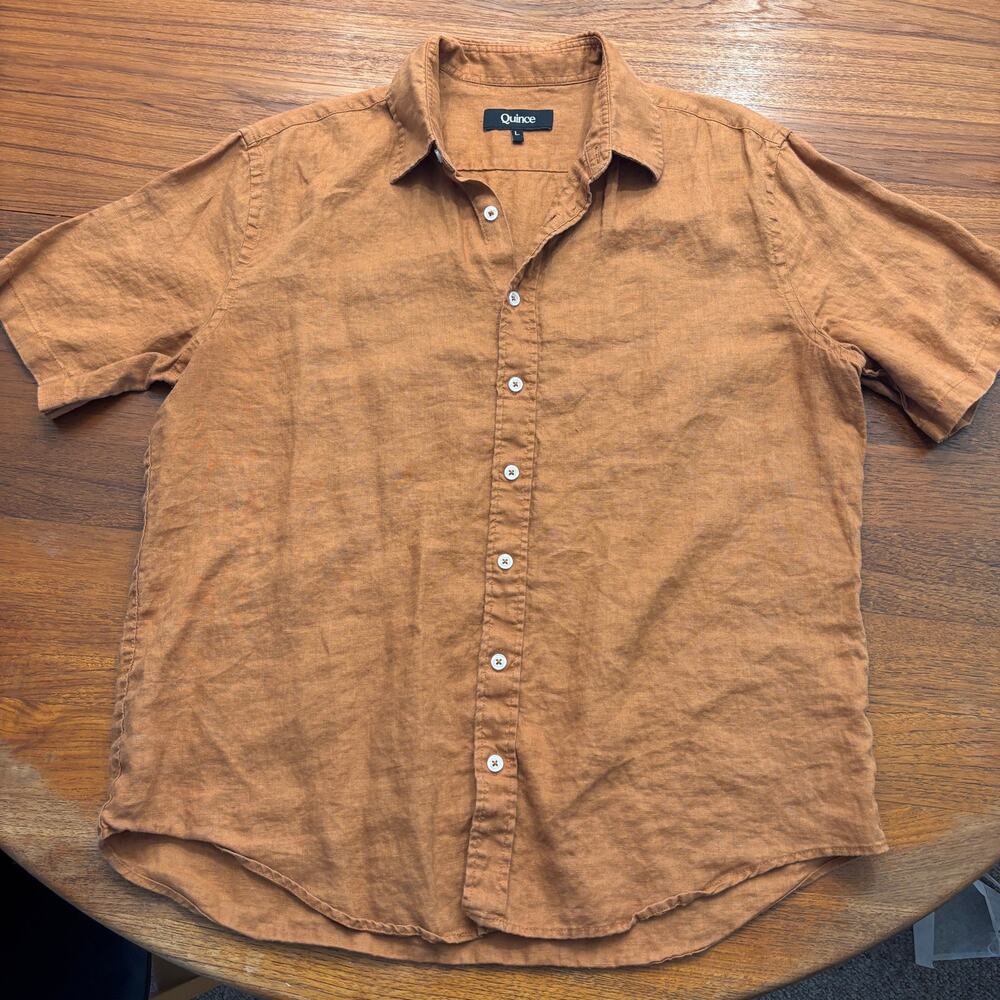Quince Men's 100% Linen Orange Short Sleeve Button Down Shirt Size Large